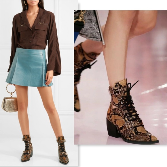 New CHLOE Metallic Gold Python Snake Caged Block Heel Buckle Strap Booties 36.5 - Picture 3 of 8